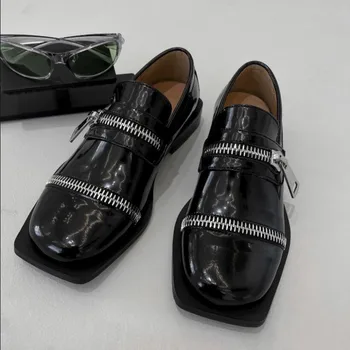 Серебристые Лоферы для вождения на молнии, толстый каблук, Квадратный носок, Мужская черная повседневная обувь
