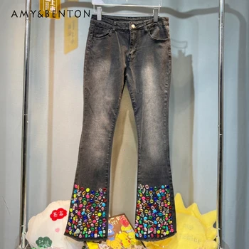 Европейский Стиль, Мода для тяжелой промышленности, Цветные Бриллиантовые Дизайнерские брюки 2023, Осенние Новые Стрейчевые джинсовые брюки для похудения, Расклешенные джинсы