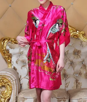 Горячая распродажа, модный ярко-розовый женский шелковый халат из вискозы, кимоно, банный халат, ночная рубашка, Один размер, цветок, Бесплатная доставка