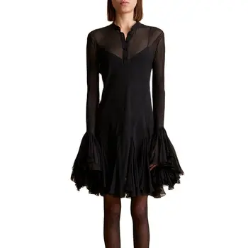 2023 весенне-летнее новое женское платье из двух частей, плиссированное, с расклешенными рукавами и рюшами, черное шифоновое тонкое платье средней длины y2k