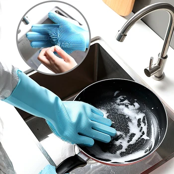 1 пара перчаток для мытья посуды, волшебная силиконовая резиновая перчатка для мытья посуды, бытовой скруббер, кухонный инструмент для чистки, скраб