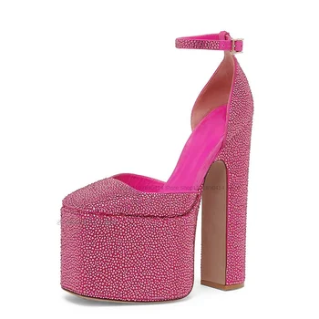 Декор в виде Кристаллов, Розово-красные Туфли-лодочки на очень высокой платформе с ремешком и пряжкой на щиколотке, Женская обувь На Массивном высоком Каблуке, Милая 2023, Zapatos Para Mujere