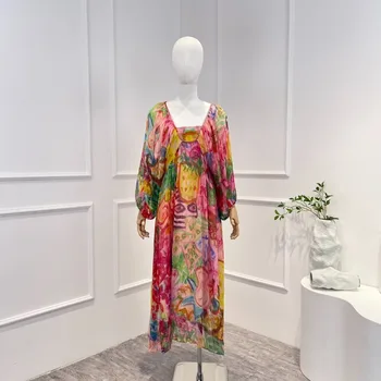 2023 Повседневное цветочное лоскутное платье свободного размера, плиссированное, с вырезом сзади, с длинным рукавом, женское свободное платье миди