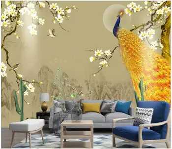 Фотообои WDBH на заказ, 3D обои, китайский пейзаж, магнолия, золотой павлин, декор, 3D настенные обои для гостиной