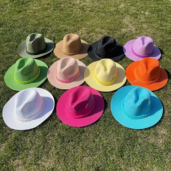 Новый цвет цепочки унисекс Джаз соломенная шляпа женщин открытый отдых на море пляжный шапка моды для мужчин с широкими полями, ковбойские шляпы