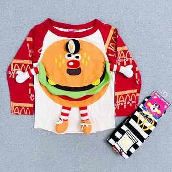 Футболки, Детская одежда, осенний модный бренд 2022 года, детская майка с длинными рукавами и рисунком гамбургера для мальчиков и девочек