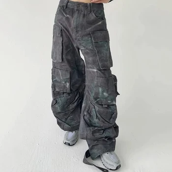 Женские Камуфляжные брюки-карго HOUZHOU с высокой талией и карманами в стиле пэчворк, Камуфляжные брюки-карго, Женская одежда, Модная уличная одежда в стиле хип-хоп