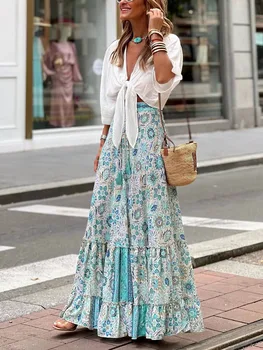 Женская Струящаяся юбка в стиле Бохо с принтом и гофрированным подолом, Летняя Модная Повседневная пляжная юбка, Эстетичная одежда