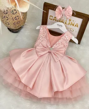 Розовое пышное платье из тюля и атласа для маленьких девочек с большим бантом, расшитое блестками Платье для вечеринки в честь первого дня рождения малыша 12 м 18 М 24 м