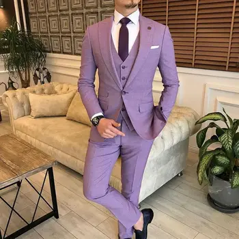 Льняной костюм (куртка + брюки + Жилет), сшитый на заказ, приталенный, фиолетовый, из 3 предметов, Мужская свадебная одежда для официальной вечеринки, Новый костюм Homme Made