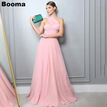 Booma Светло-розовые платья для выпускного вечера Трапециевидной формы, Тюлевые вечерние платья длиной до пола На одно плечо, Простые Элегантные платья для официальных мероприятий