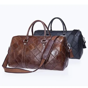 Мужская портативная дорожная сумка из натуральной кожи с клетчатым рисунком из воловьей кожи, мужская сумка в стиле ретро, сумка для багажа на одно плечо