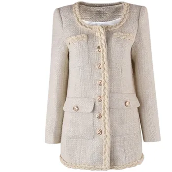 Французское зимнее шерстяное пальто из твида с небольшим ароматом, женское однобортное тканая верхняя одежда с квадратным воротником